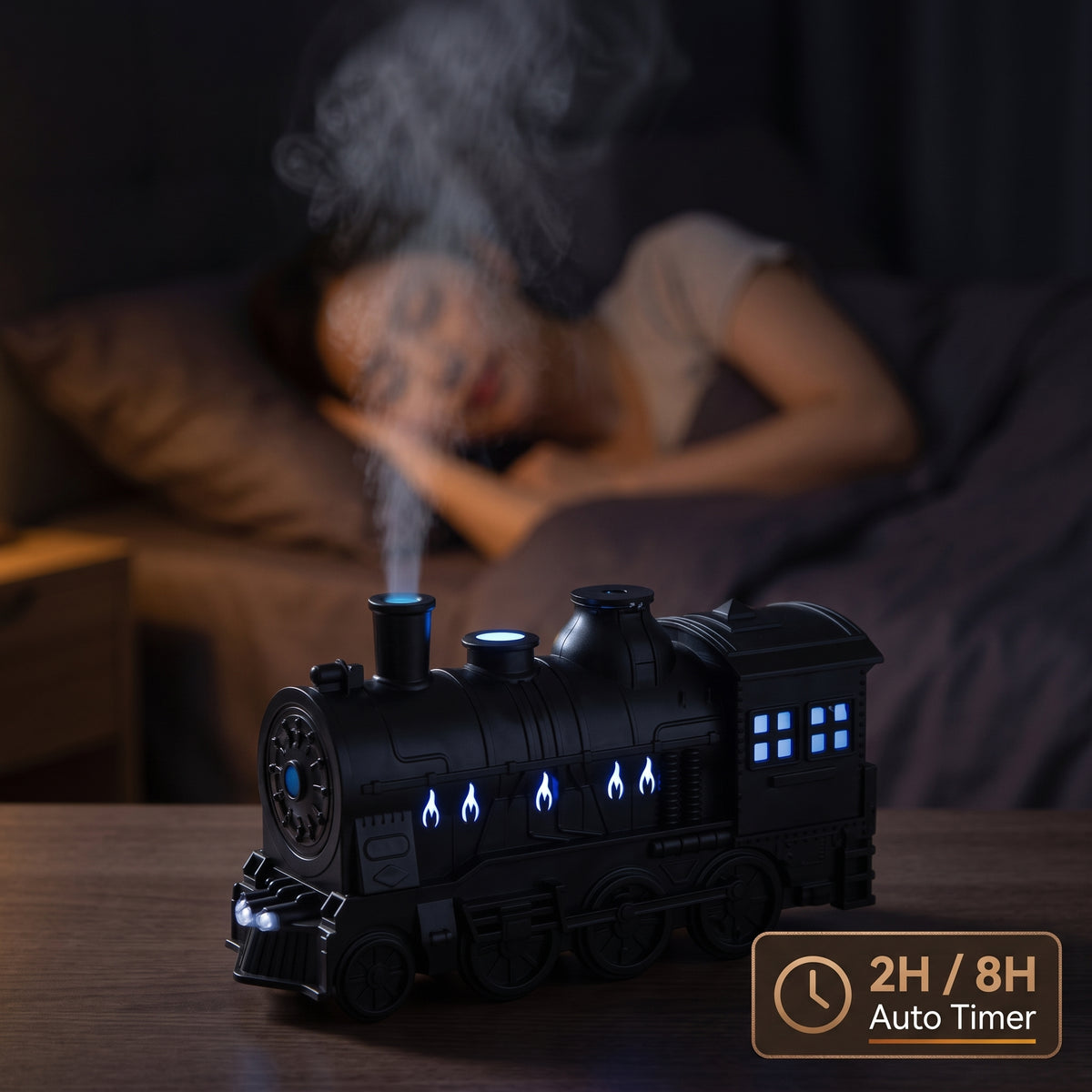 Hometrain diffuser glowing at night with built-in sleep timer