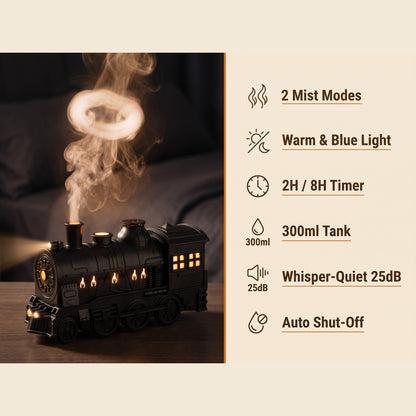Hometrain features: 2 mist modes, warm and blue light, 2H/8H timer, 300ml tank