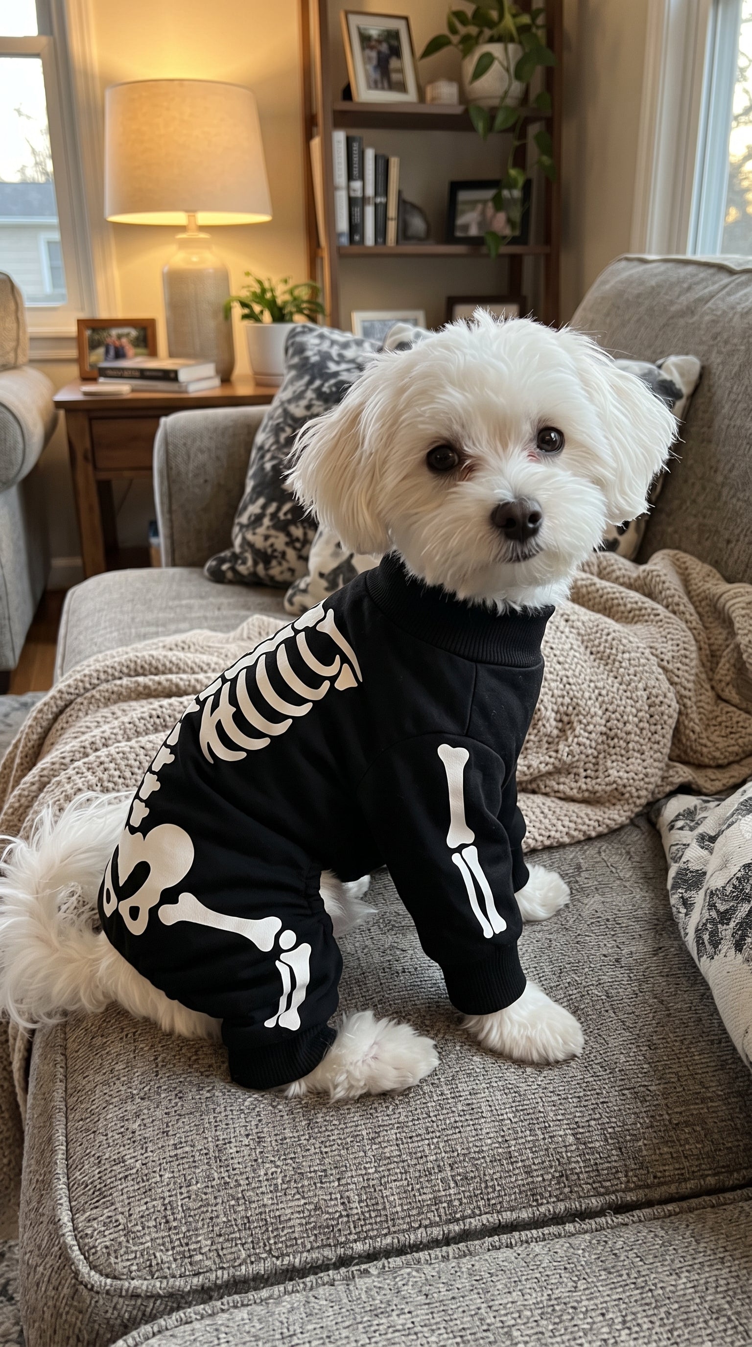 Dog wearing LumiPuppy costume on armchair