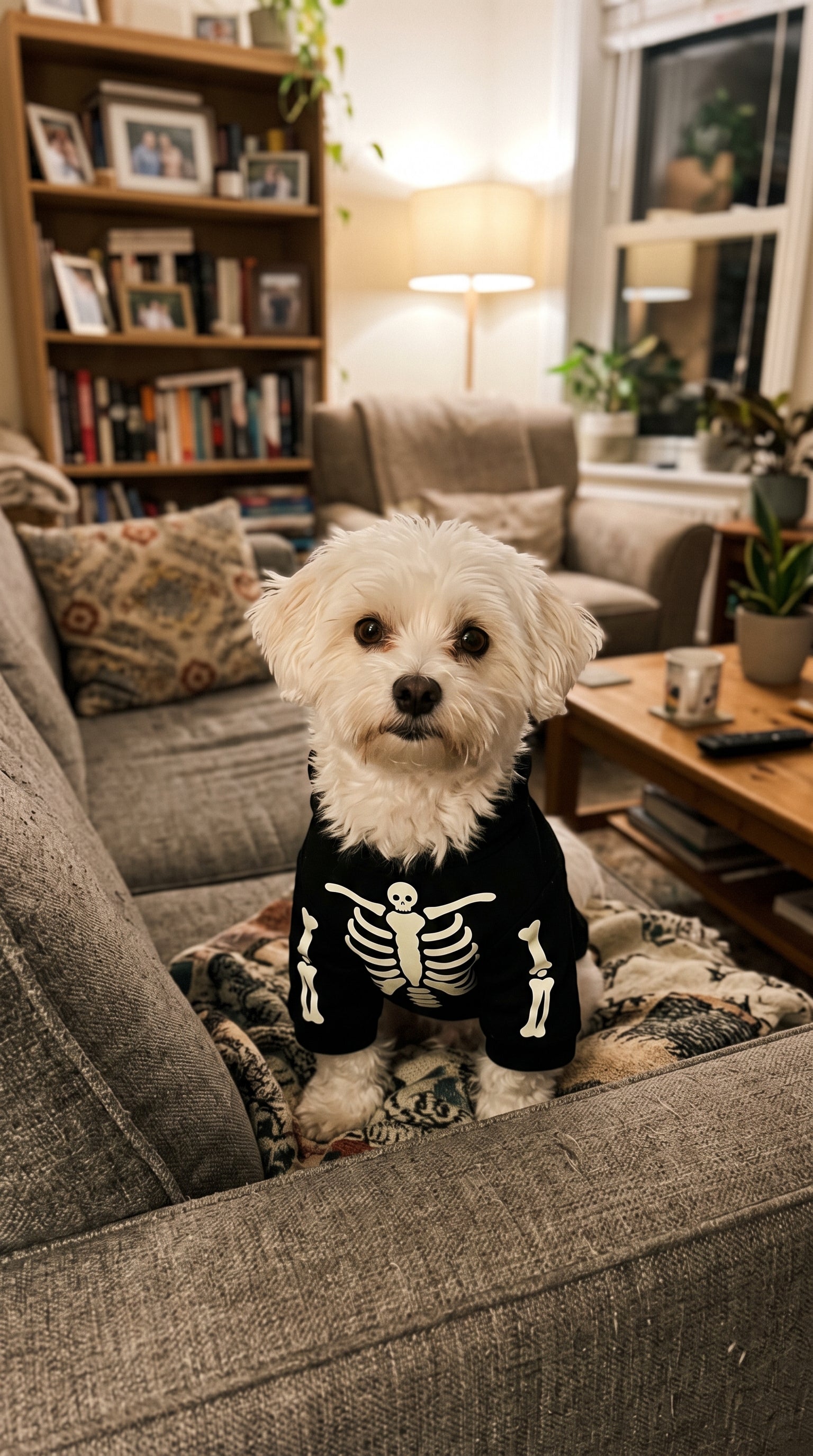 Dog wearing LumiPuppy costume on couch