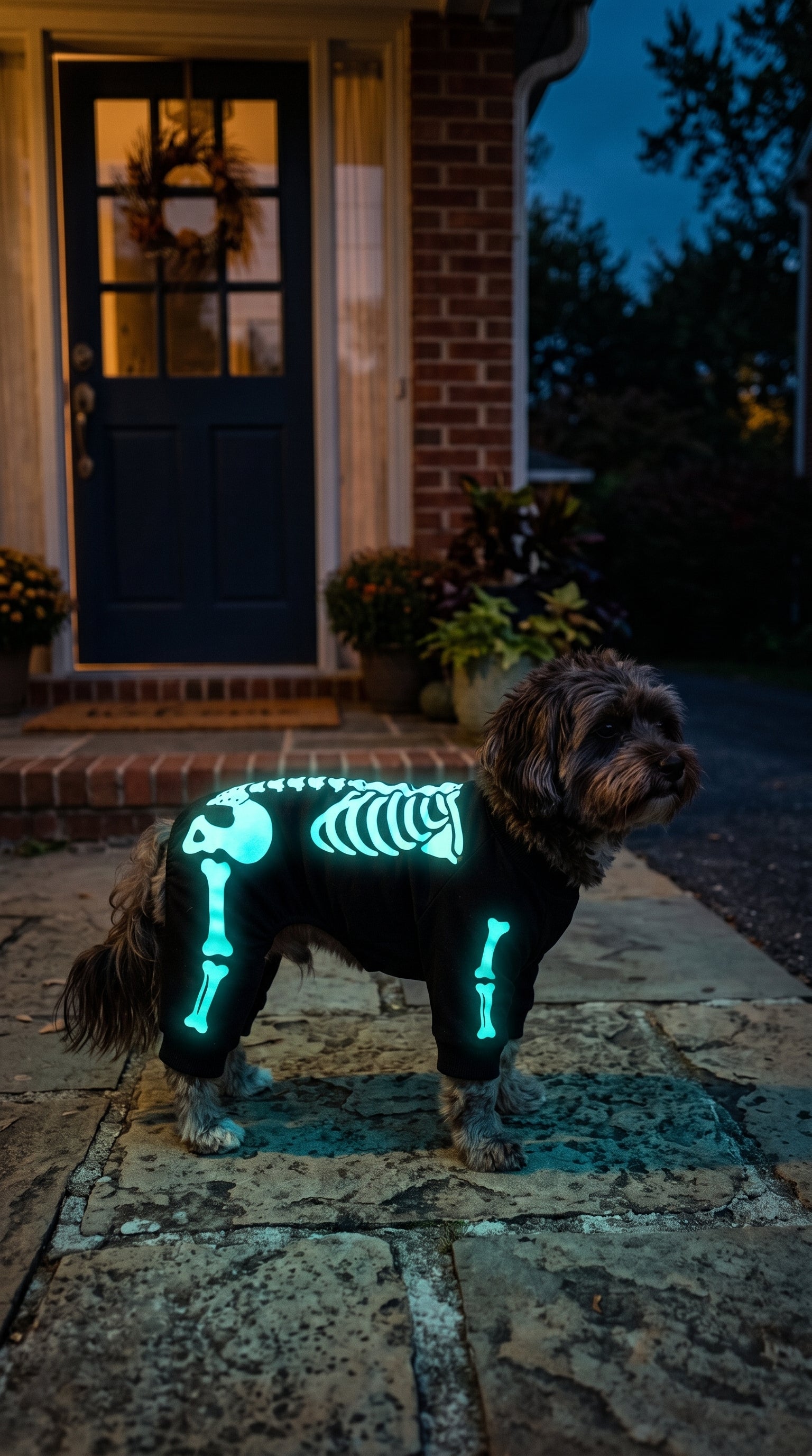 Dog wearing glowing LumiPuppy costume at front door